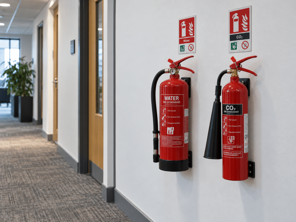 Wall-mounted water and CO₂ fire extinguishers in a modern office corridor, clearly labelled and positioned for easy access.