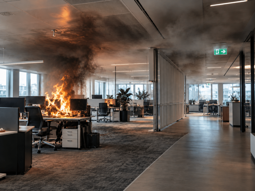 Open-plan office with a workstation engulfed in flames and thick smoke spreading across the ceiling and surrounding workspace.