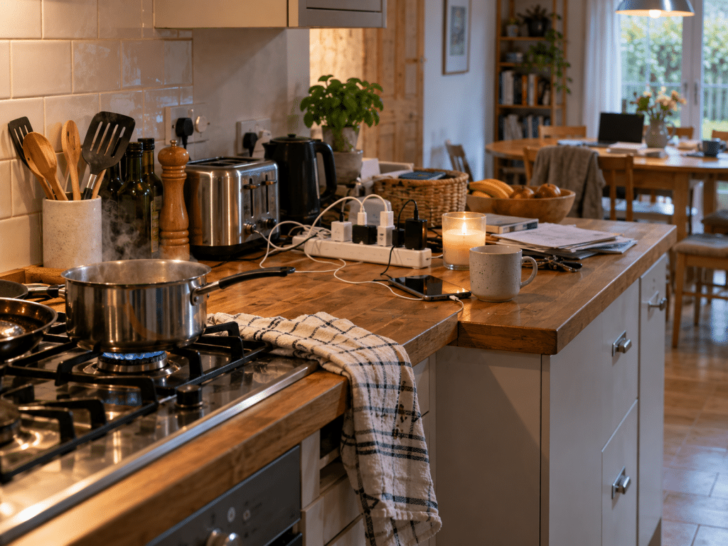 Kitchen showing several everyday fire risks, including an unattended gas hob, a tea towel near the flame, overloaded extension leads and a lit candle beside paperwork.