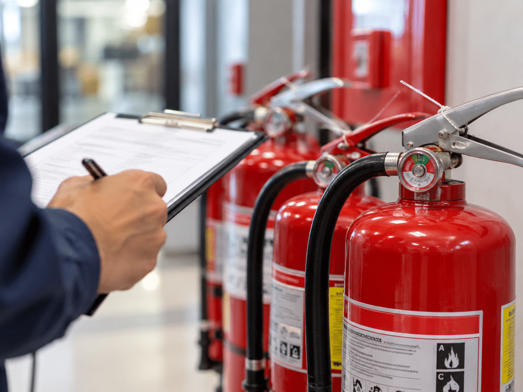 Fire safety technician inspecting and servicing fire extinguishers while completing an inspection checklist.