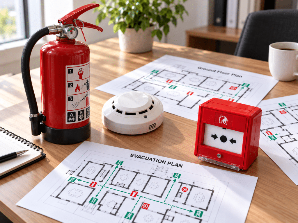 Fire safety equipment, including a fire extinguisher, smoke detector and manual call point, arranged beside building evacuation plans on an office table.