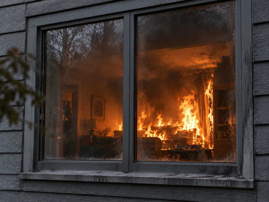 Fire burning inside a room behind a soot-streaked fire-rated window, with flames and smoke visible through the heat-affected glass.