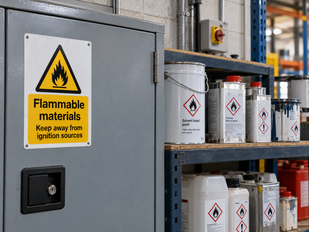 Flammable materials storage area with labelled chemical containers displaying hazard symbols beside a dedicated safety cabinet.