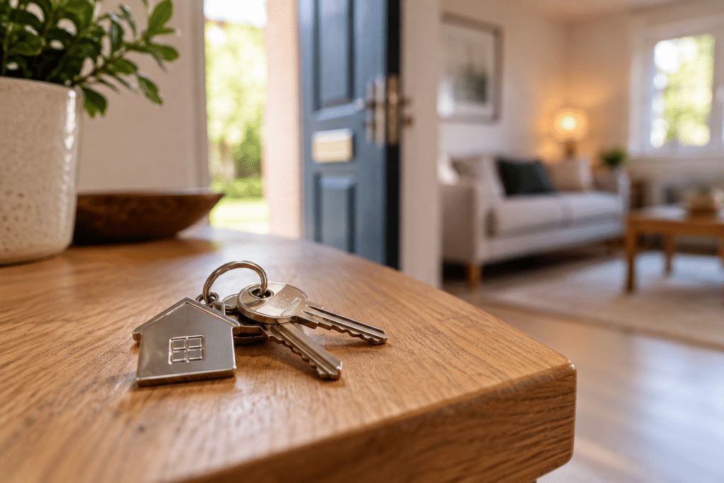 House keys with a house-shaped keyring resting on a wooden table inside a bright, welcoming home.