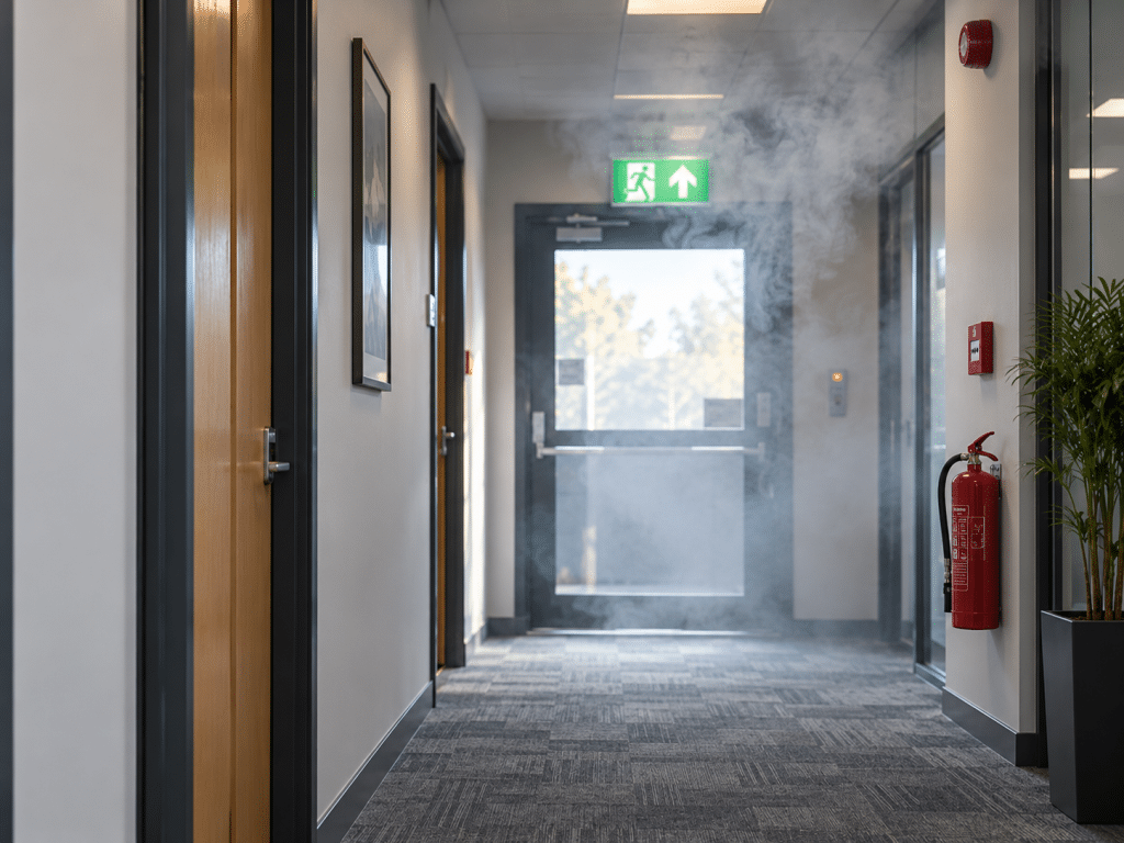 Smoke-filled office corridor with a clearly marked emergency exit, wall-mounted fire extinguisher and manual fire alarm call point.