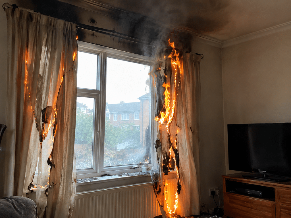 Curtains burning beside a living room window, with flames spreading through the fabric and dark smoke collecting near the ceiling.