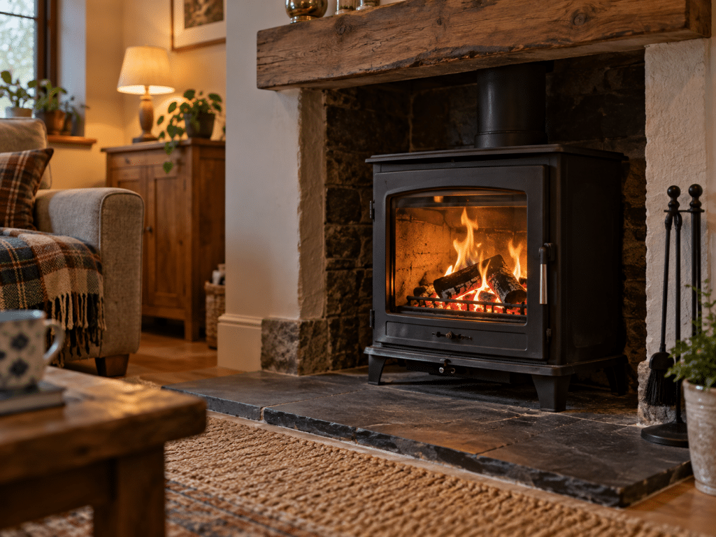 Wood-burning stove with a controlled fire in a cosy living room, set safely on a stone hearth with surrounding furnishings kept at a sensible distance.