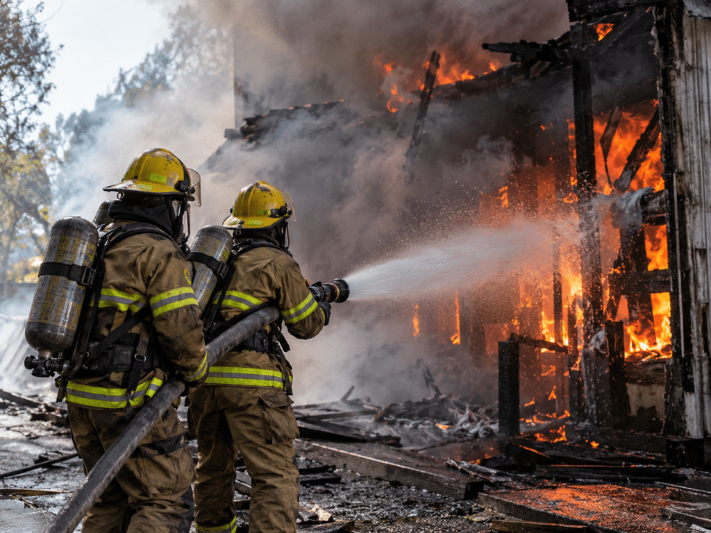 Firefighters in protective gear using a hose to tackle a large structural fire, with flames, smoke and fire-damaged materials visible.