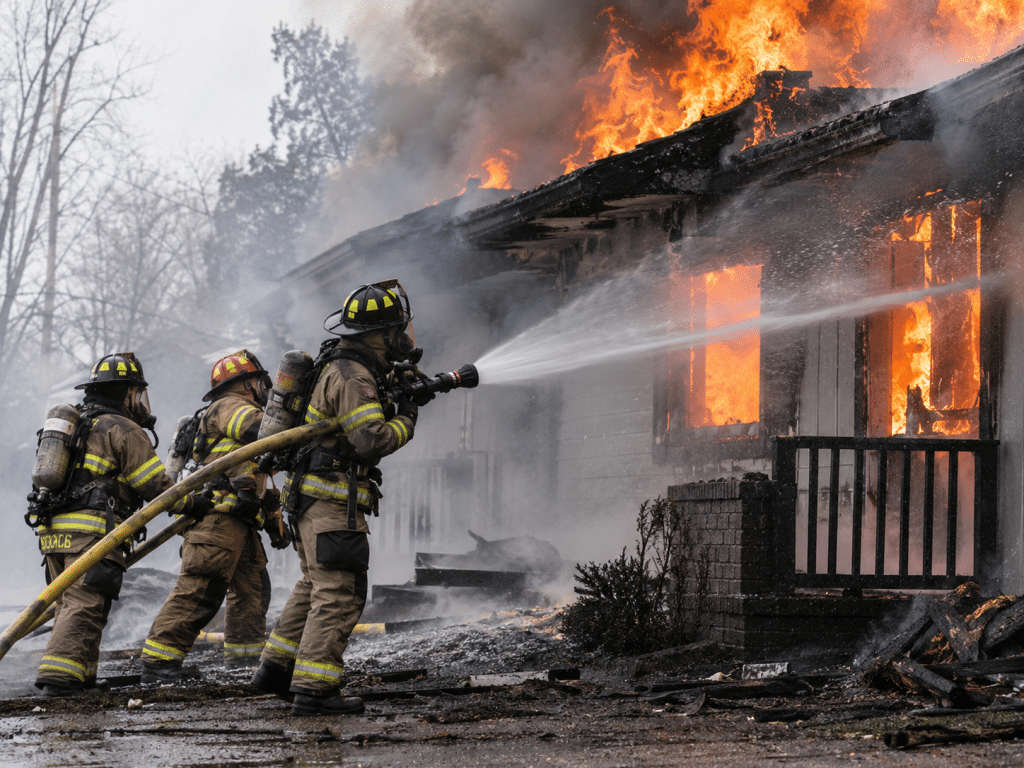 Firefighters in protective gear using a hose to tackle a large residential building fire, with flames and thick smoke visible from the structure.