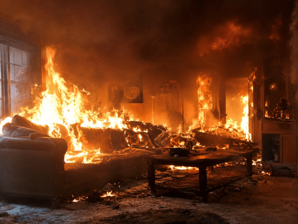 Living room engulfed in flames, with burning furniture, heavy smoke and fire spreading throughout the room.