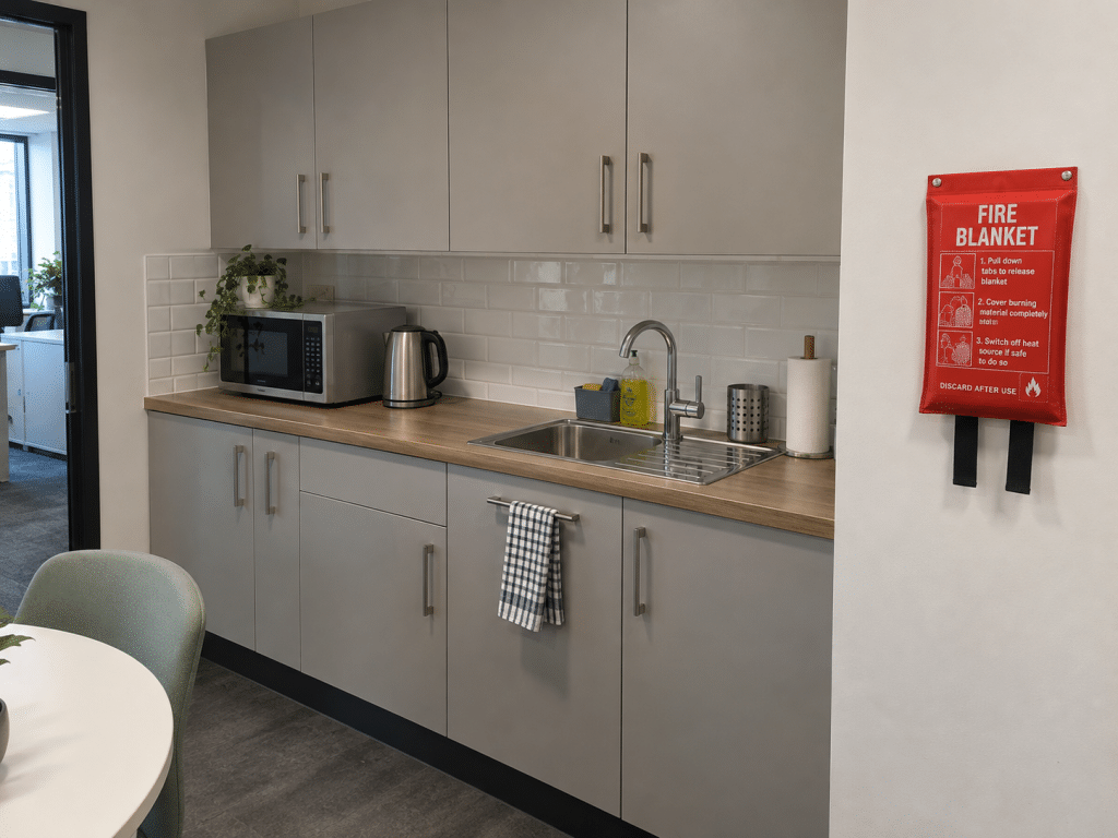 Fire blanket mounted in an accessible position on the wall of a modern office kitchenette beside common kitchen appliances.