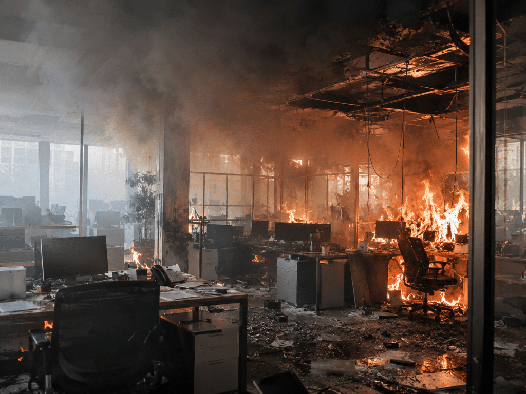 Open-plan office engulfed in flames and thick smoke, with burning desks, damaged furniture and fire spreading across the workspace.