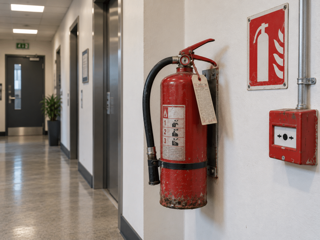 Worn fire extinguisher with visible corrosion, faded instructions and an ageing service tag mounted in a commercial corridor.