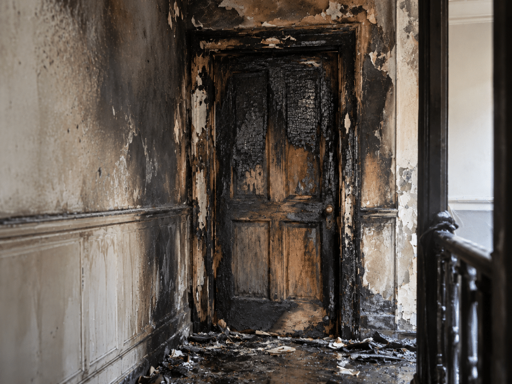 Fire-damaged wooden door in an older building, with heavy charring, smoke staining, peeling paint and debris across the hallway floor.