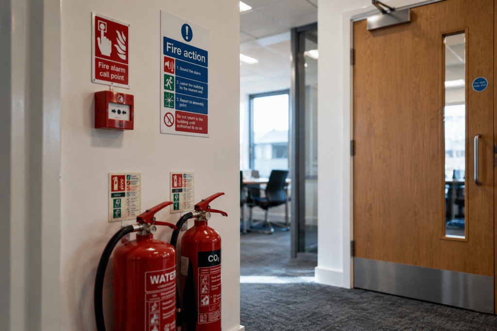 Fire safety equipment, including extinguishers, a manual call point and fire action signage, positioned beside a fire door in a modern office corridor.
