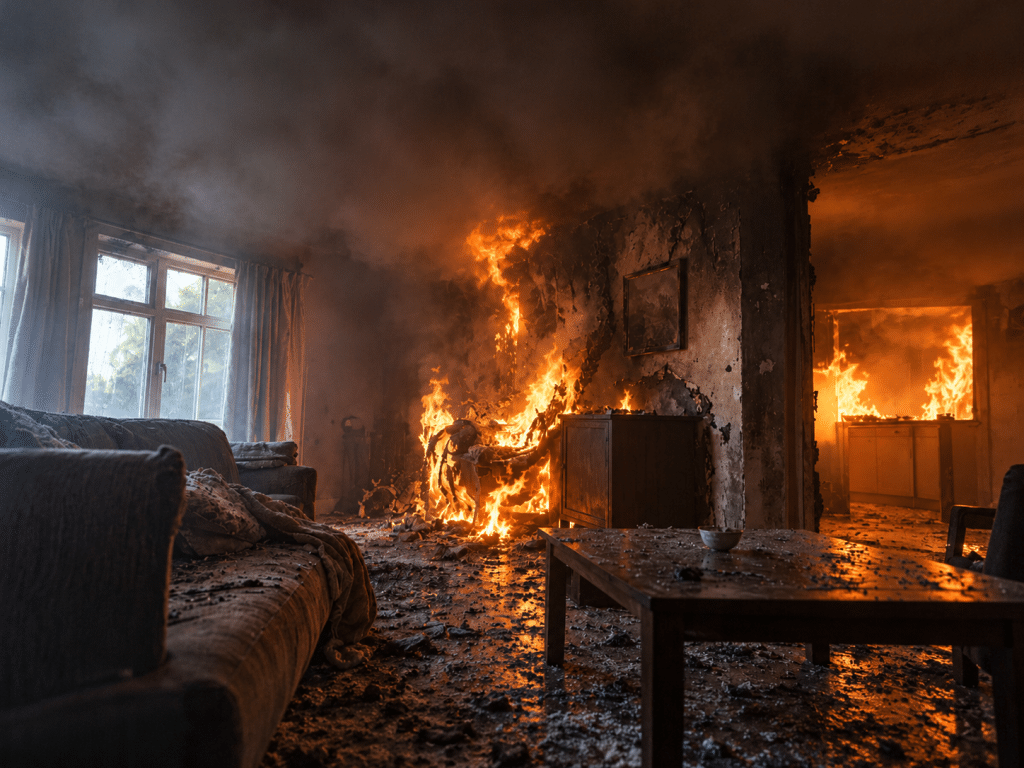 Living room engulfed in flames and thick smoke, showing realistic fire spread between adjoining rooms and extensive heat damage.