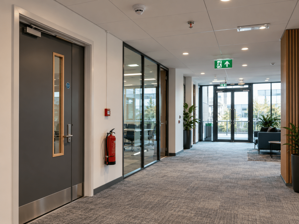 Modern office corridor featuring a fire door, extinguisher, alarm call point, smoke detector, sprinkler and emergency exit signage.