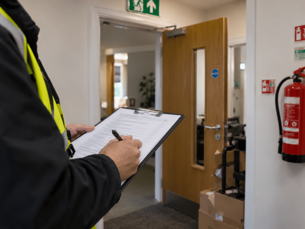 Fire safety inspector completing a checklist beside an open fire door and wall-mounted fire extinguisher in a commercial building.
