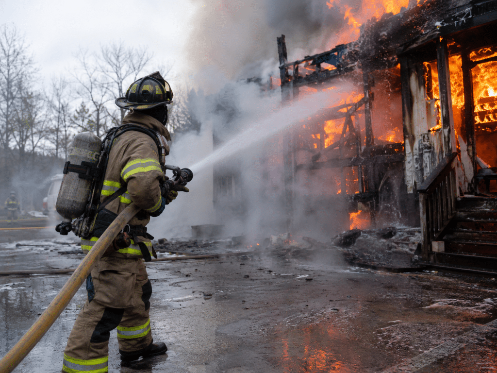 Firefighter in full protective gear using a hose to tackle a large building fire, with flames and thick smoke visible throughout the structure.