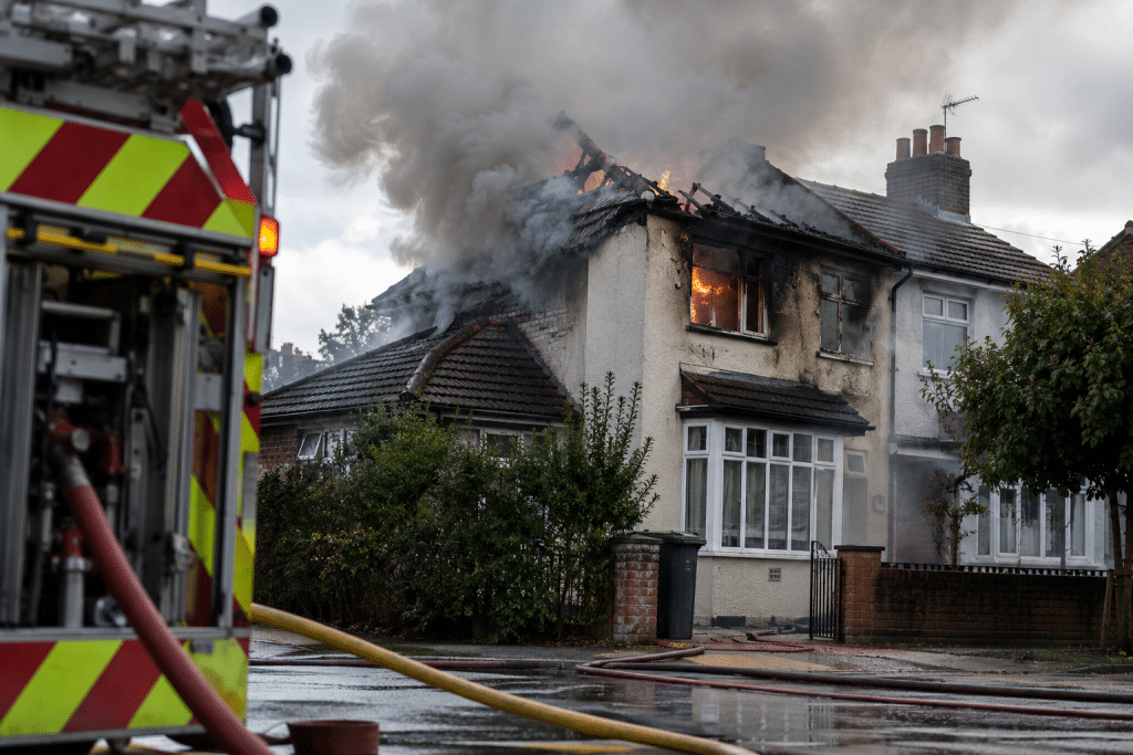 Fire-damaged suburban house with flames and thick smoke rising from the roof as firefighters respond from the street.