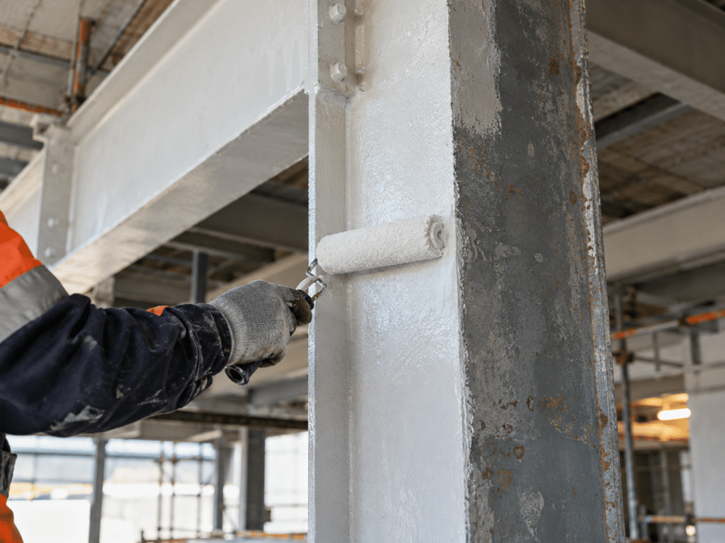 Worker using a paint roller to reapply intumescent coating to a structural steel column inside a commercial building.