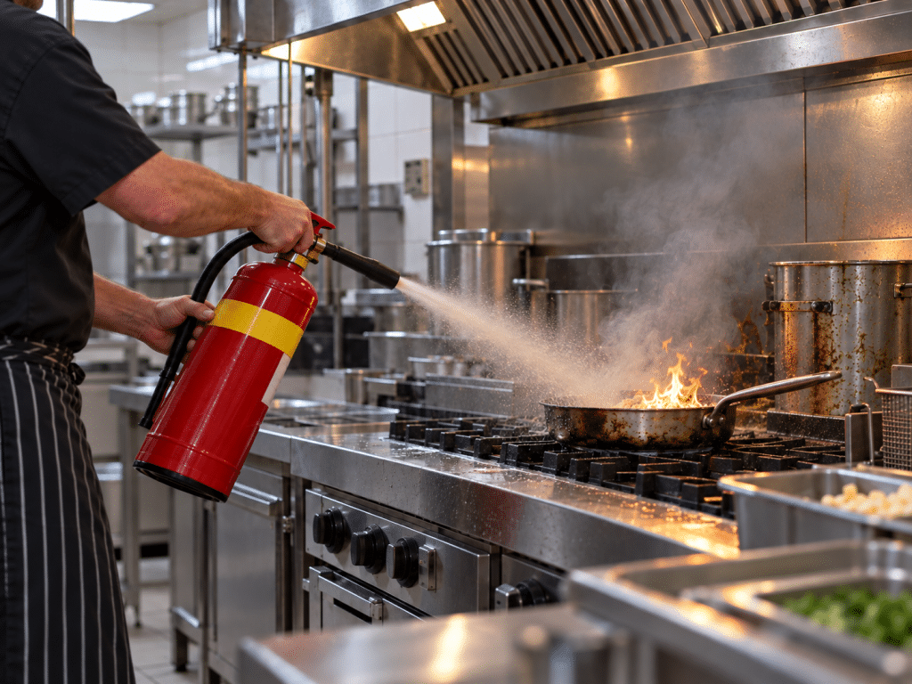 Chef using a wet-chemical fire extinguisher to tackle a small cooking-oil fire in a commercial kitchen.