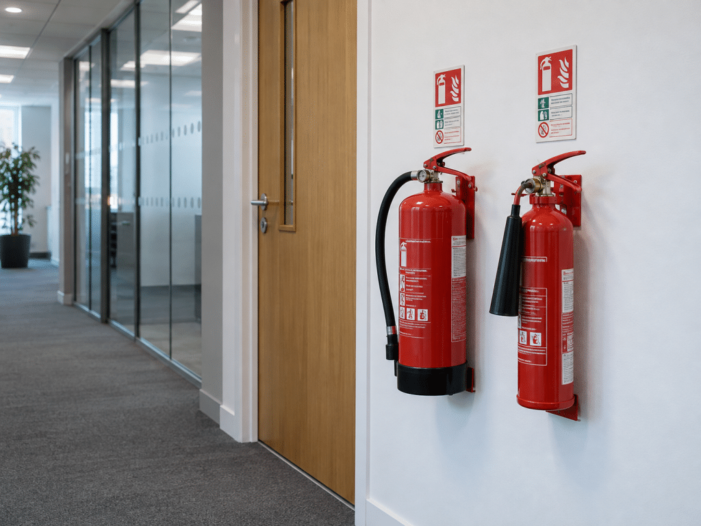 Two wall-mounted fire extinguishers with safety signage positioned in a modern office corridor near a doorway.