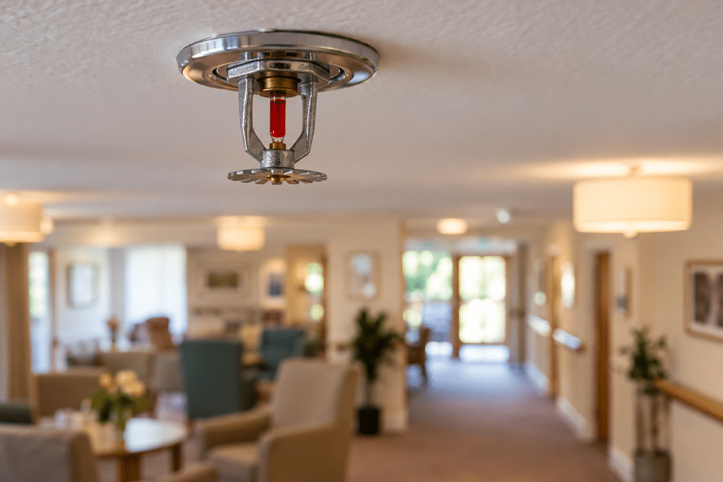 Ceiling-mounted fire sprinkler in a modern care home corridor and communal area, illustrating residential fire suppression and safety measures.