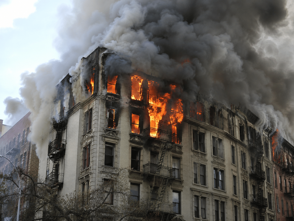 Multi-storey building engulfed in flames, with thick smoke pouring from upper-floor windows and the roof.