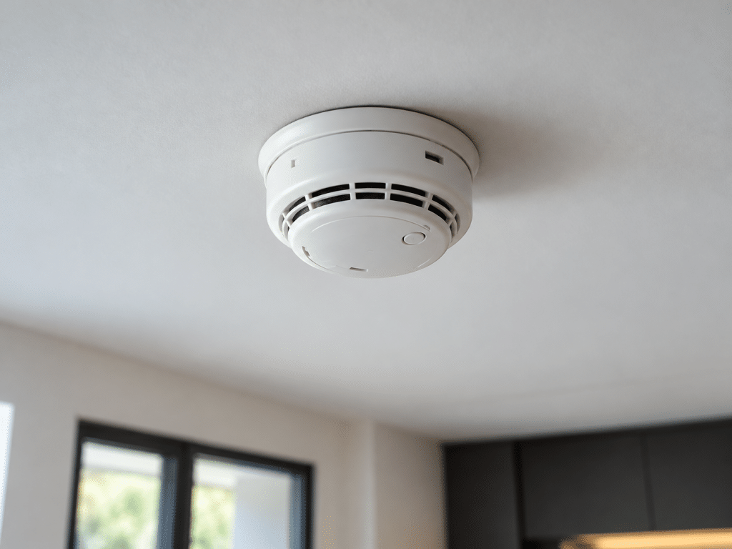 Close-up of a ceiling-mounted fire alarm detector in a modern interior, illustrating common fire alarm faults and maintenance issues.