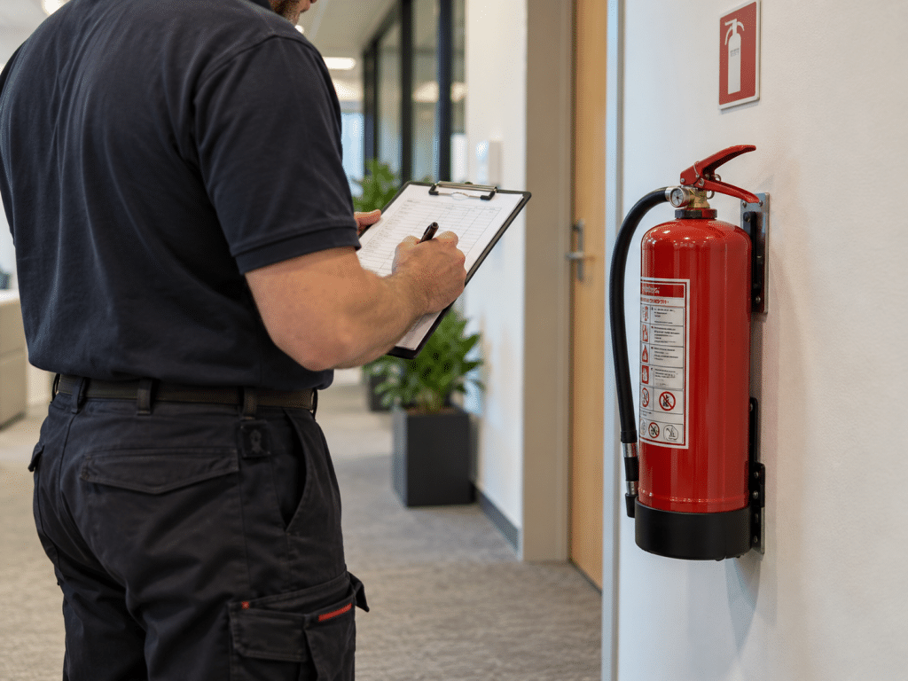 Fire safety inspector completing a checklist beside a wall-mounted fire extinguisher in a modern commercial building.