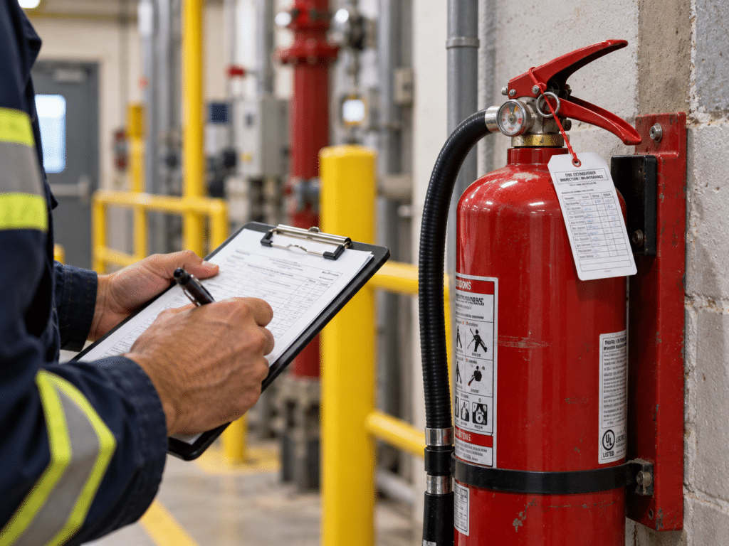 Fire safety inspector recording checks on a wall-mounted fire extinguisher during an industrial workplace assessment.