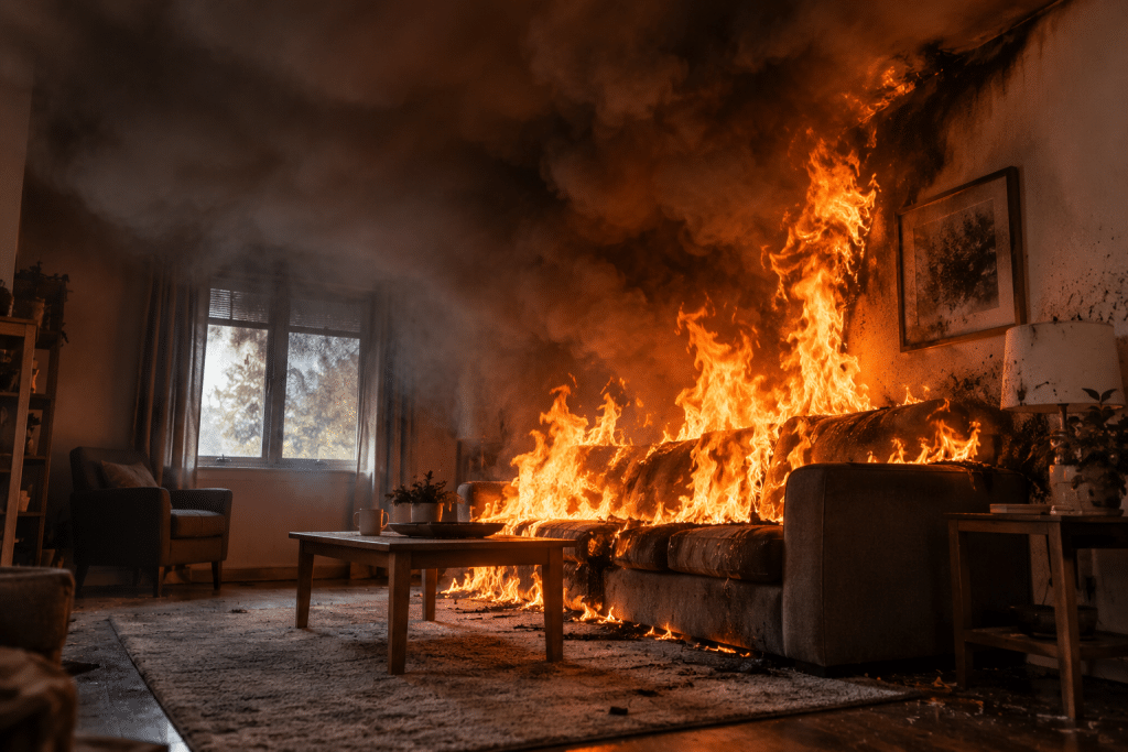 Living room fire spreading across a sofa and nearby wall, with thick smoke collecting at ceiling level and heat damage visible throughout the room.