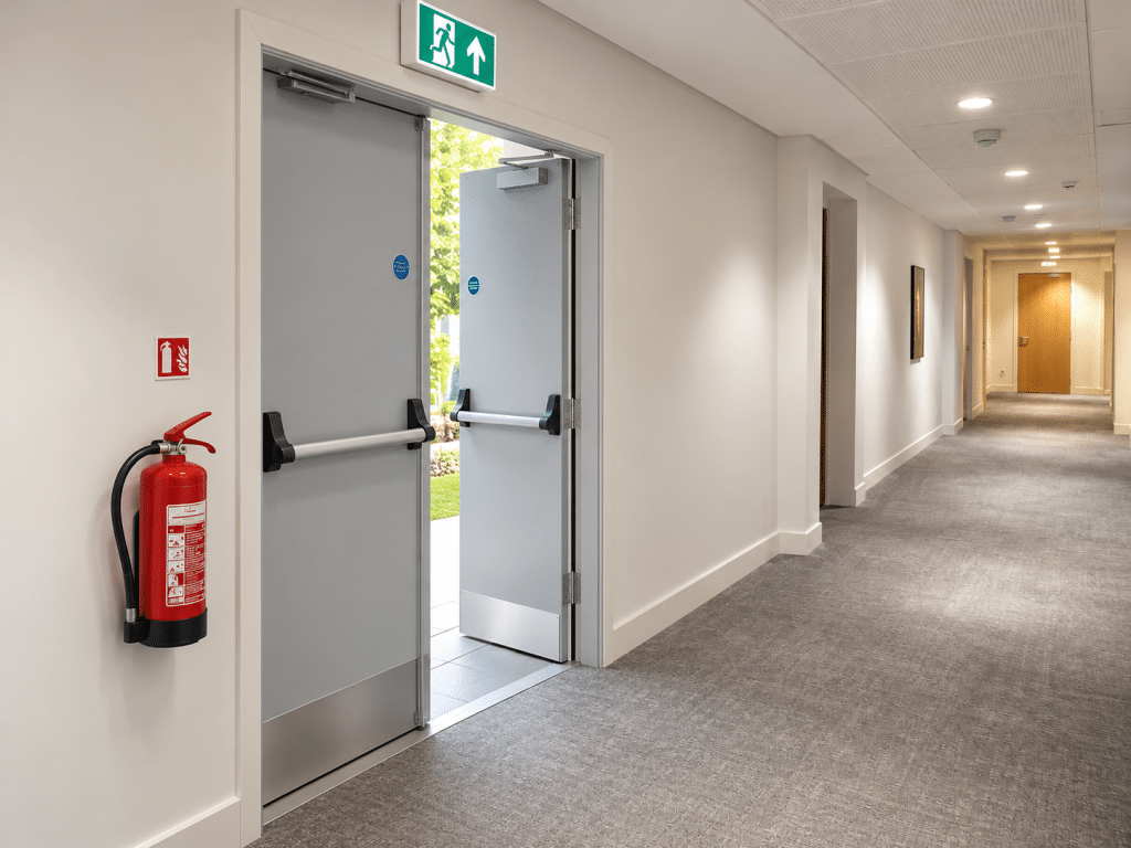 Open double fire exit doors with push bars in a modern commercial corridor, with an emergency exit sign and fire extinguisher nearby.