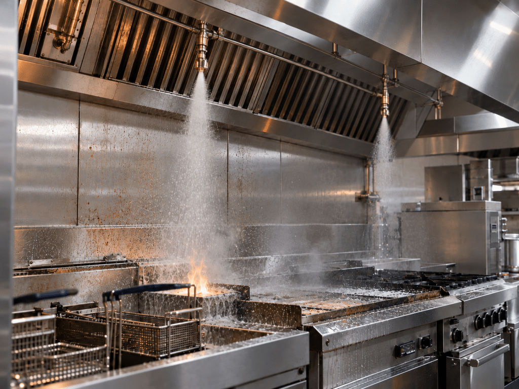Automatic wet-chemical fire suppression system discharging over commercial kitchen cooking equipment to control a small fire.