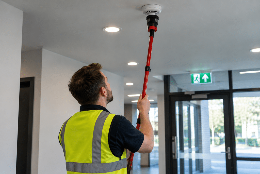 Fire alarm technician testing a ceiling-mounted smoke detector with a telescopic testing pole in a modern commercial building.