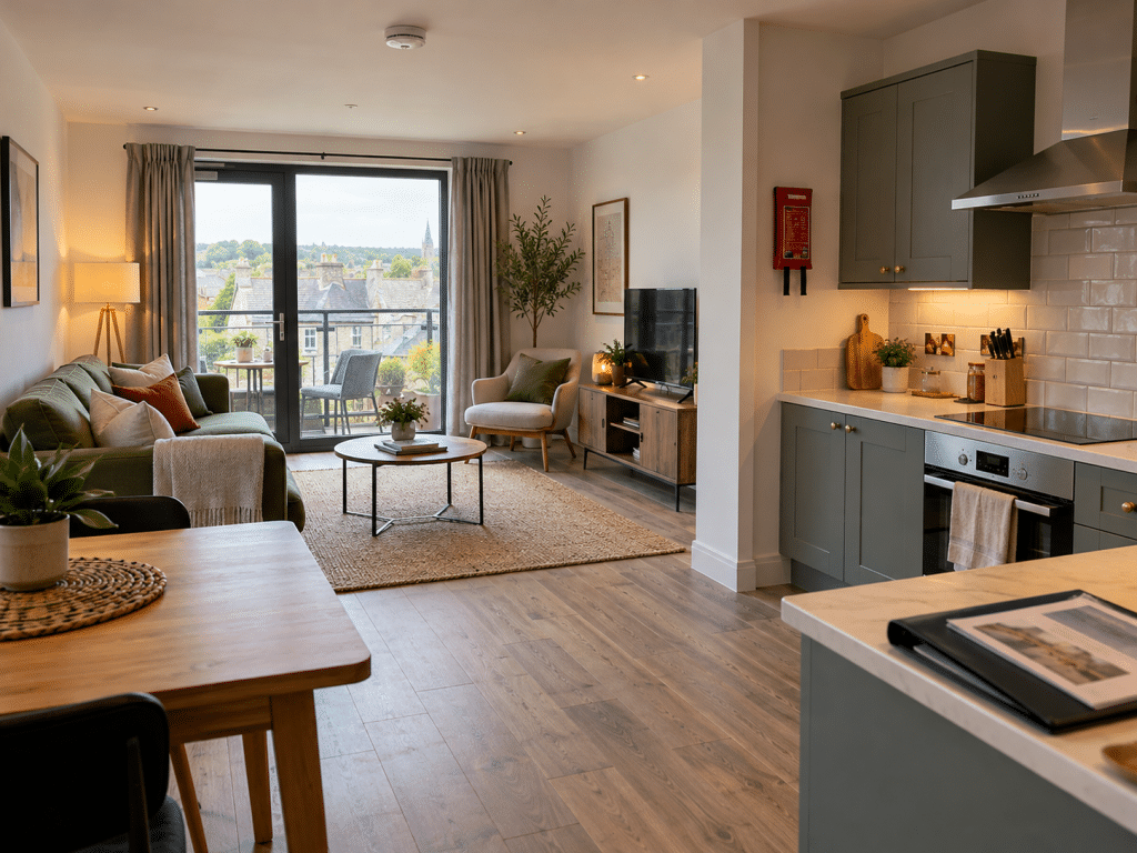 Modern short-term rental apartment with an open-plan kitchen and living area, featuring a ceiling smoke alarm and wall-mounted fire blanket for fire safety compliance.