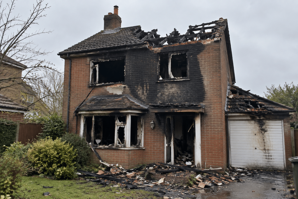 Fire-damaged detached brick house with a partially collapsed roof, broken windows, heavy soot staining and debris scattered around the entrance.
