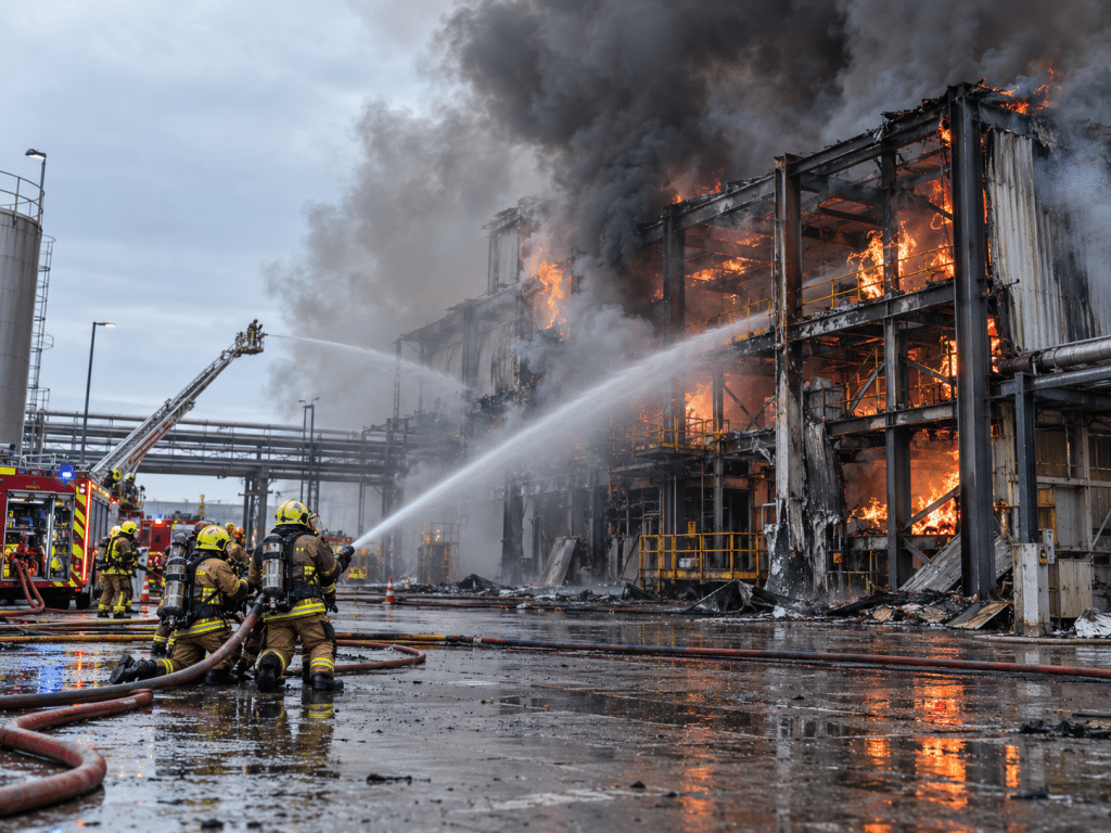 Firefighters tackling a large industrial building fire, with exposed steel framing, heavy smoke and water jets directed at the blaze.