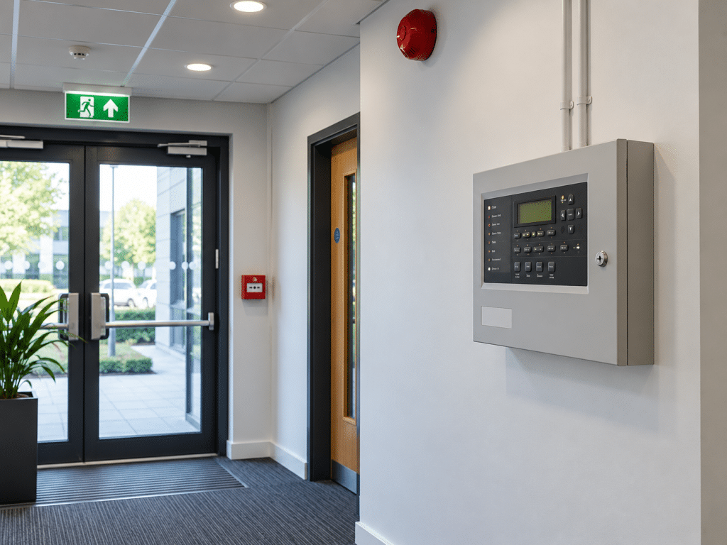 Fire alarm control panel mounted near a building entrance, with a high-level alarm sounder, manual call point and emergency exit visible nearby.