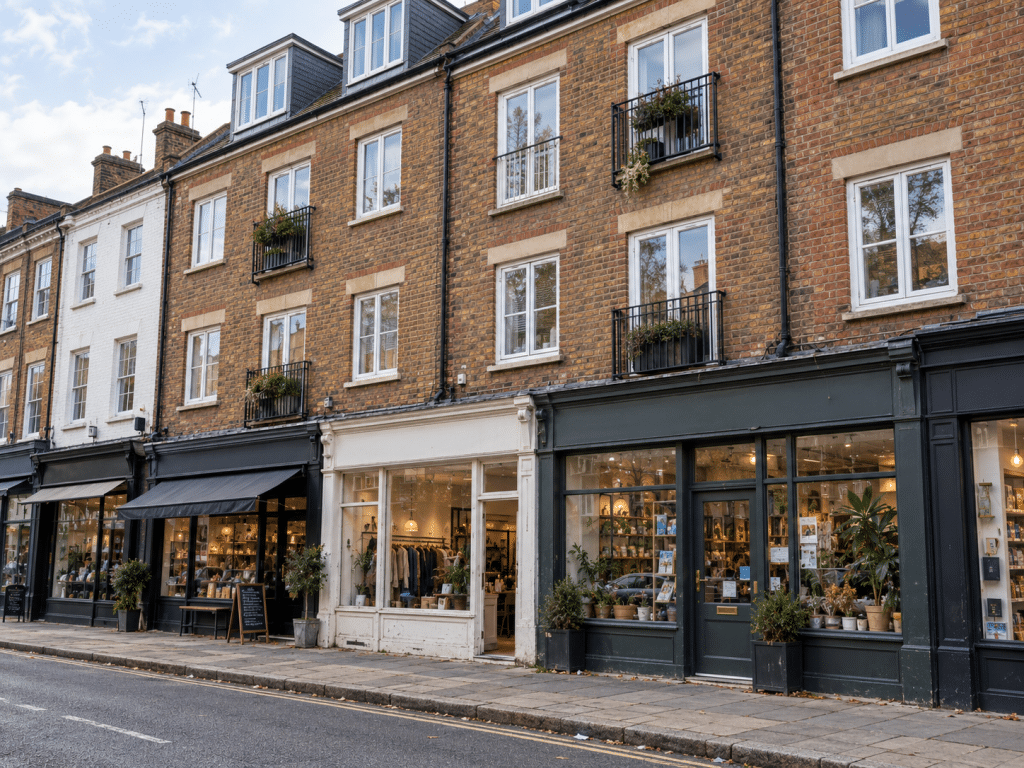 Mixed-use brick buildings with ground-floor shops and residential flats above on a traditional UK high street.
