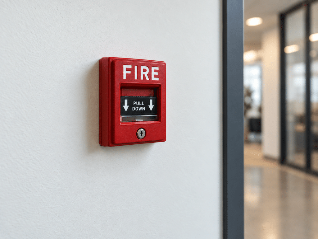 Red fire alarm pull station mounted on a wall in a modern commercial corridor, with the hallway softly blurred in the background.