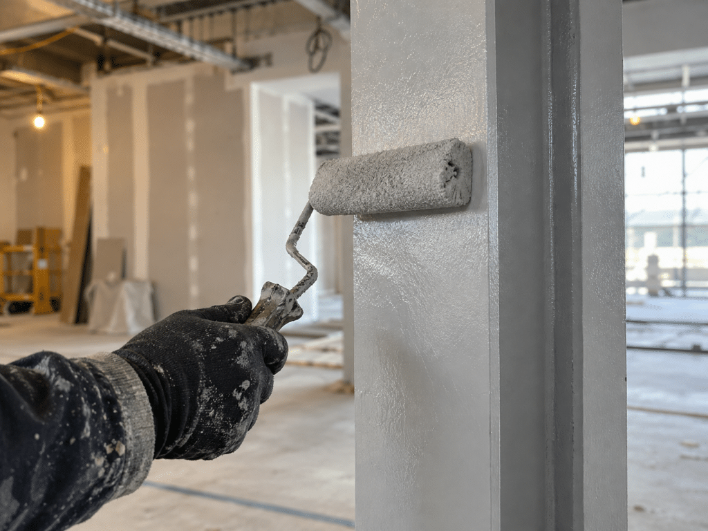 Worker using a paint roller to apply a protective coating to a steel column inside a commercial building under construction.