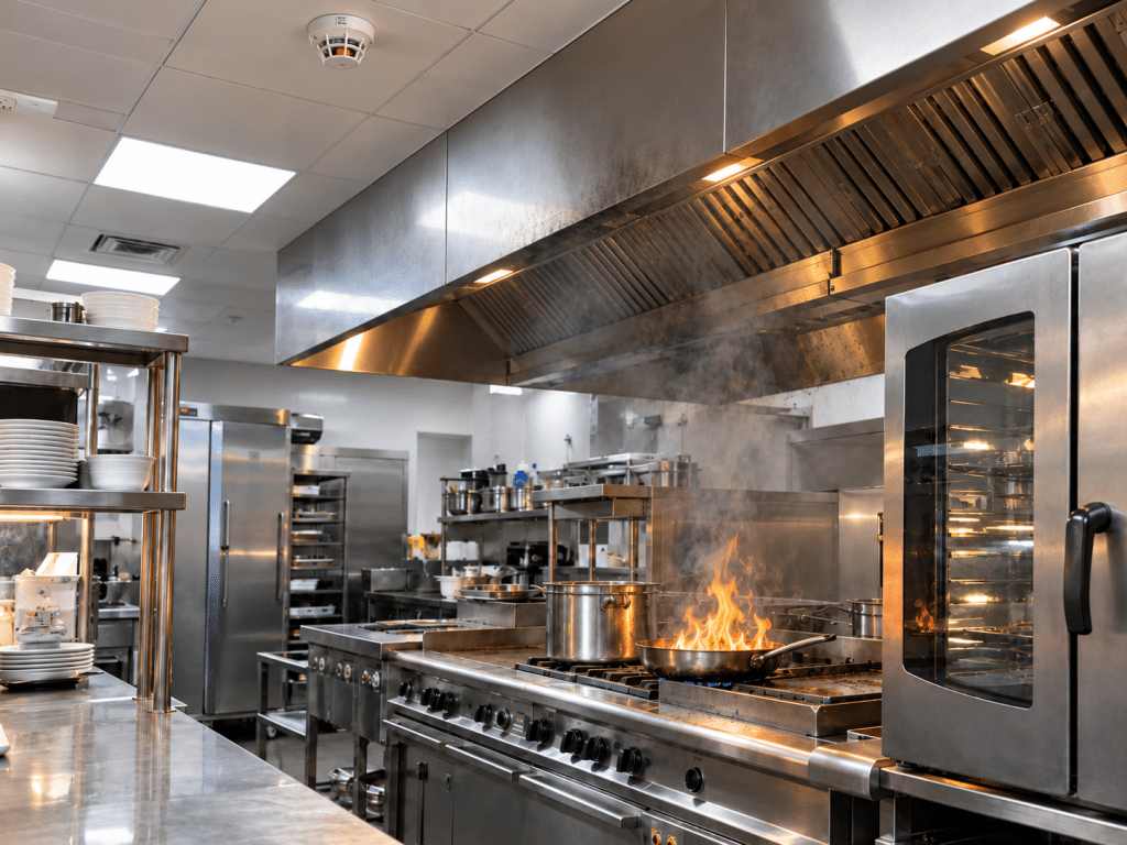 Commercial kitchen with a pan fire producing smoke beneath an extraction hood, with a ceiling-mounted heat detector visible above the cooking area.
