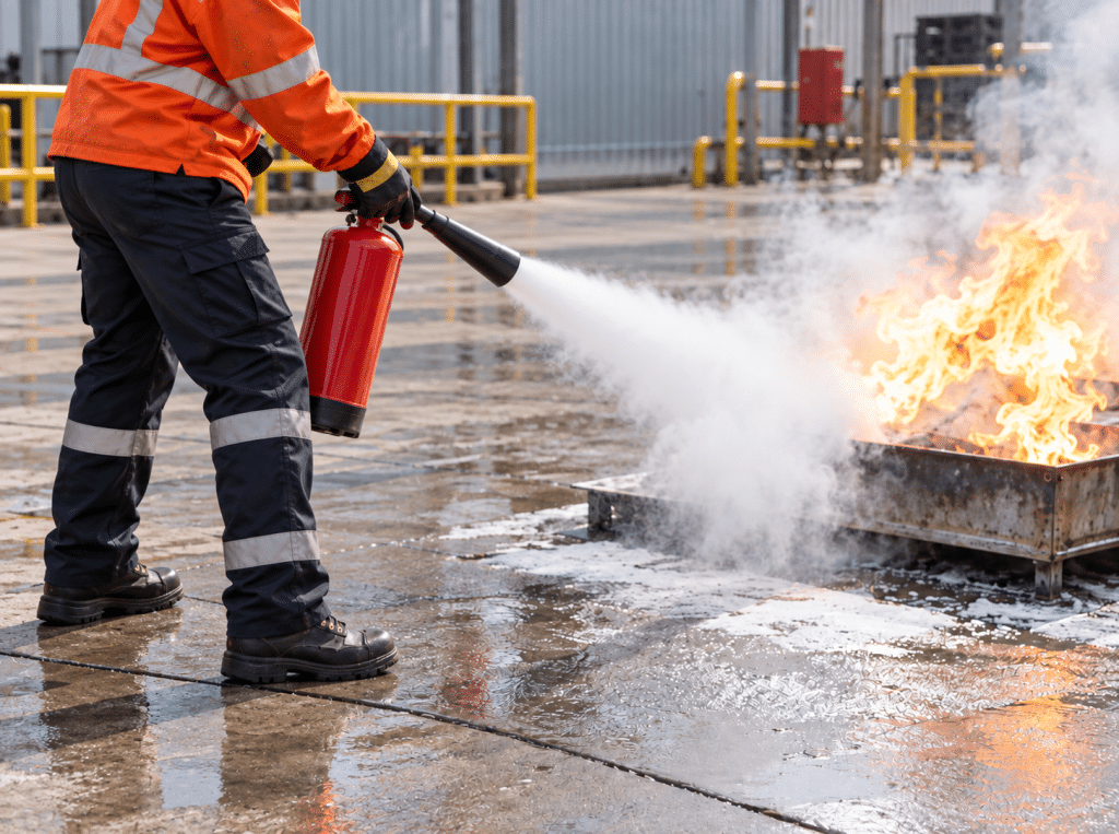 Worker in orange high-visibility clothing using a fire extinguisher on a controlled training fire in an industrial yard.