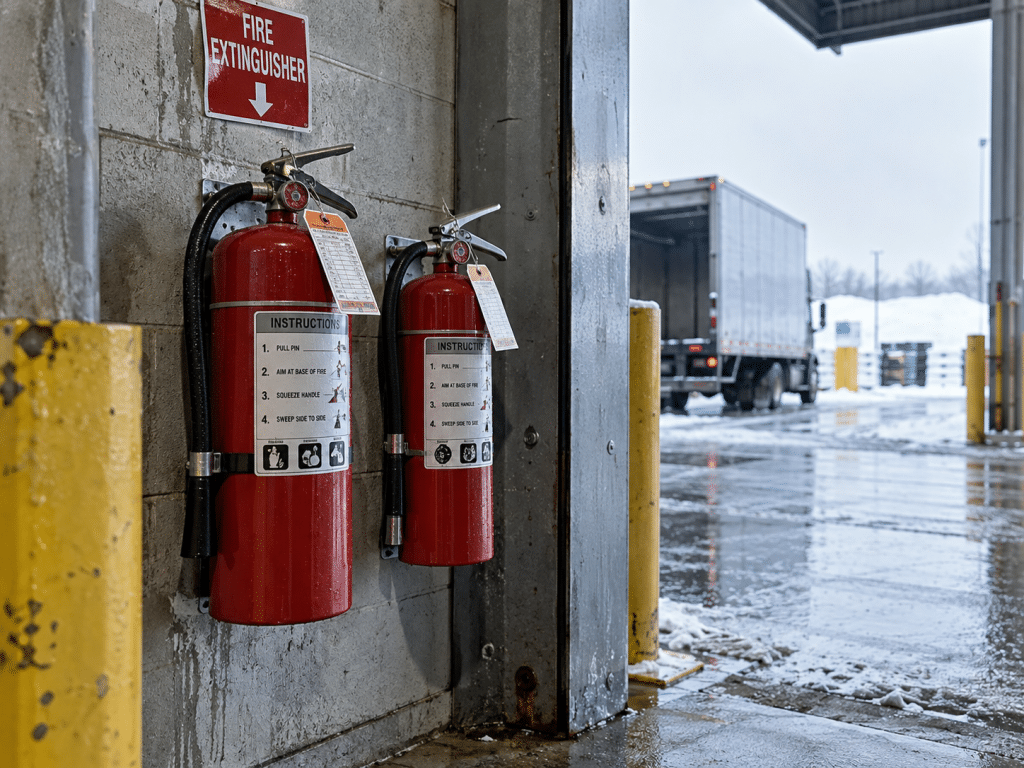 Fire extinguishers mounted in a cold, damp industrial loading bay, with wet surfaces and snowy conditions visible outside.
