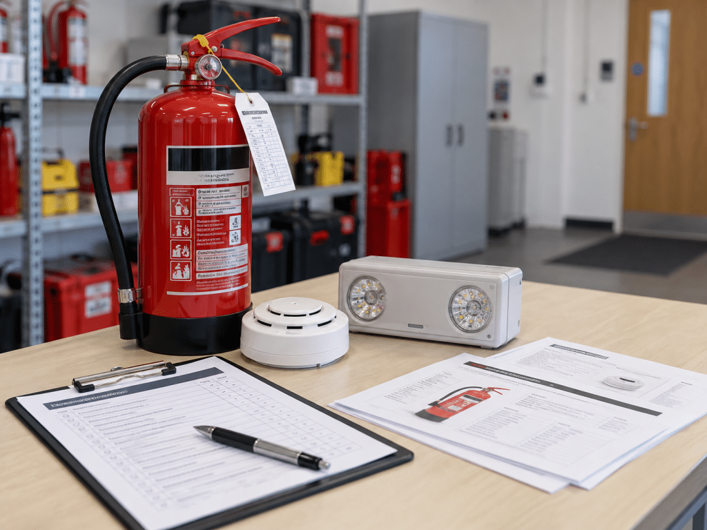 Fire extinguisher, smoke detector and emergency light displayed with inspection paperwork, illustrating certified fire safety products and compliance checks.