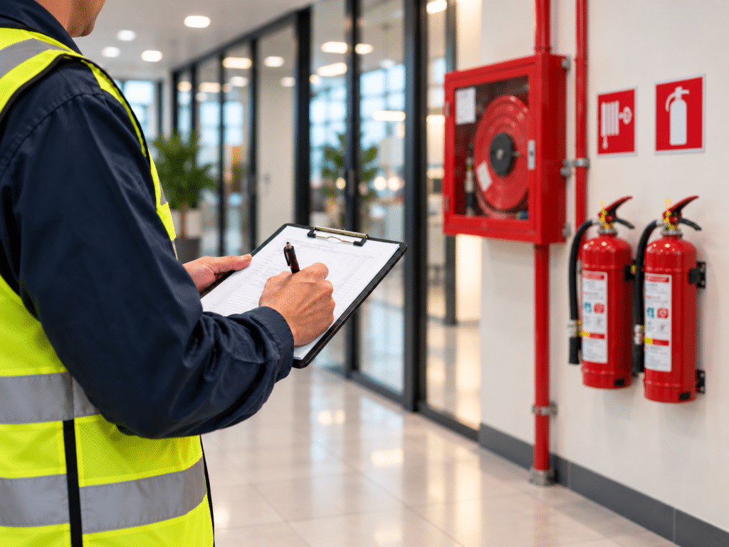 Fire safety inspector completing a checklist in a modern commercial corridor, with fire extinguishers and a hose reel visible in the softly blurred background.