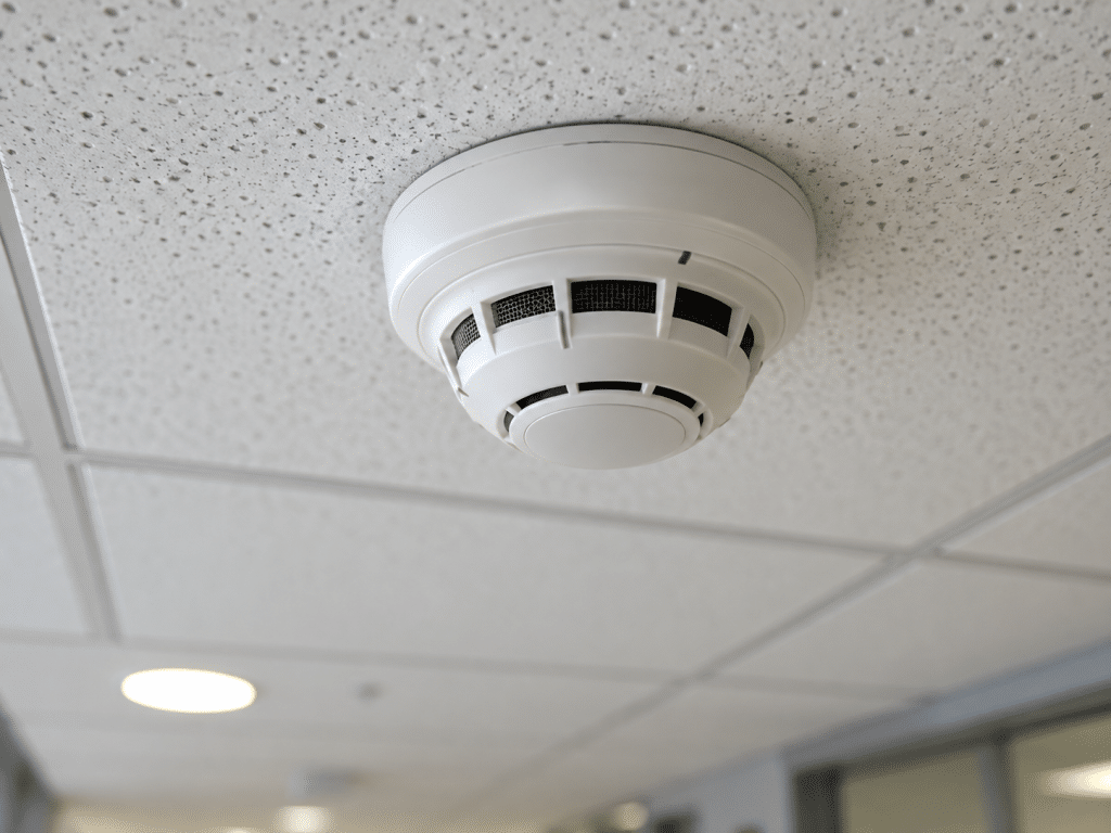 Close-up of a ceiling-mounted smoke detector in a modern commercial building, illustrating fire alarm system compliance and maintenance.