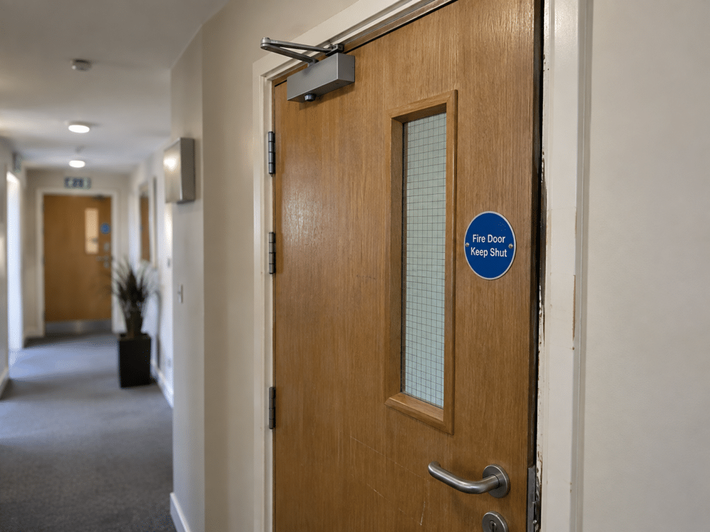 Wooden fire door in a commercial corridor with a self-closing mechanism, vision panel and “Fire Door Keep Shut” sign.